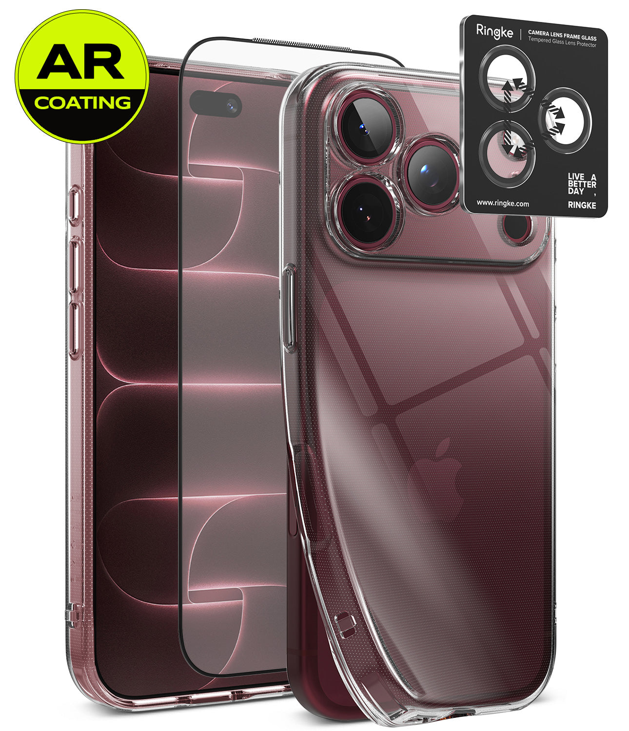 [Bundle] iPhone 18 Pro / Pro Max | Air + AR Protectors - Clear phone case with AR-coated camera lens protector and a black Ringke camera lens guard shown on a smartphone, with a green AR Coating badge in the top-left corner.
