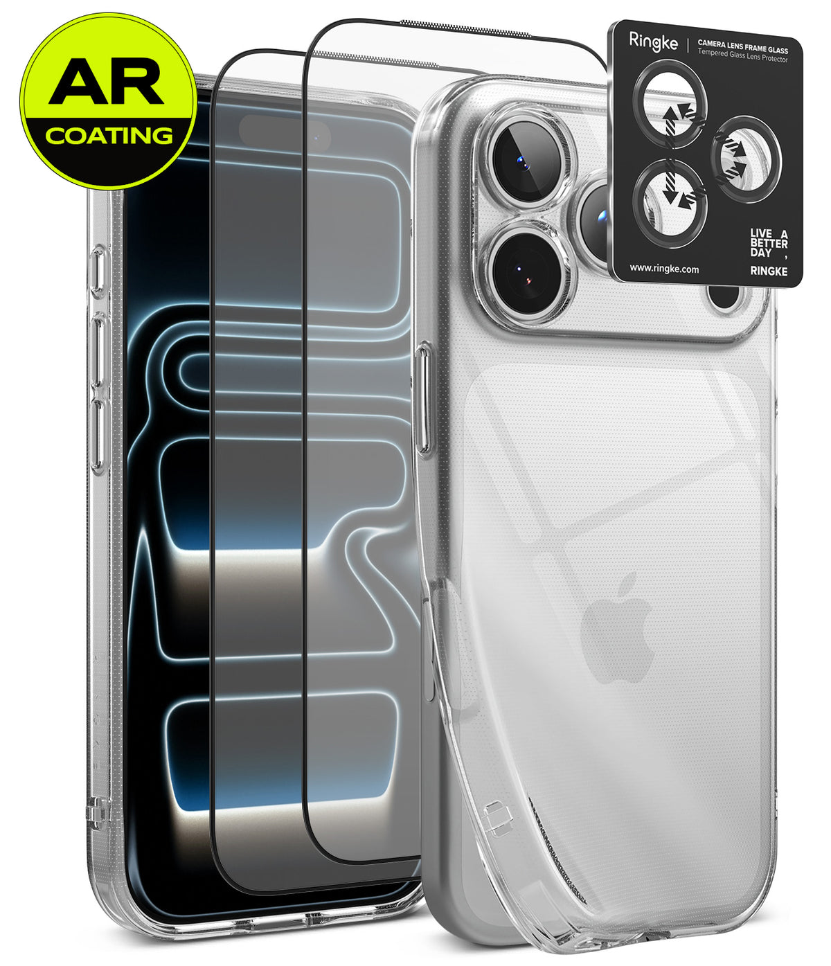 [Bundle] iPhone 18 Pro / Pro Max | Air + AR Protectors - Clear phone case with AR-coated camera lens protector and a black Ringke camera lens guard shown on a smartphone, with a green AR Coating badge in the top-left corner.