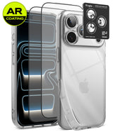 [Bundle] iPhone 18 Pro / Pro Max | Air + AR Protectors - Clear phone case with AR-coated camera lens protector and a black Ringke camera lens guard shown on a smartphone, with a green AR Coating badge in the top-left corner.