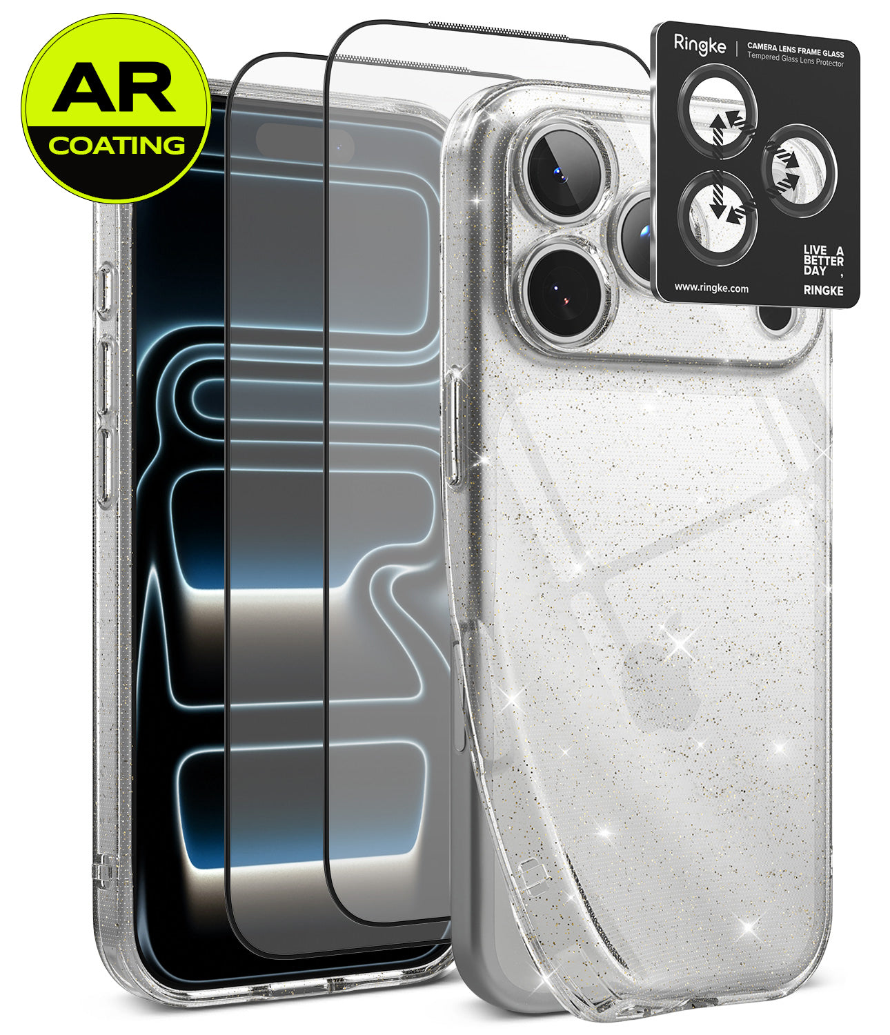 [Bundle] iPhone 18 Pro / Pro Max | Air + AR Protectors - A clear glitter phone case shown on a smartphone, alongside two AR-coated screen protectors and a Ringke camera lens protector sticker. The case is transparent with fine silver glitter, and the image is set against a clean white background with a green and yellow AR Coating badge in the top-left corner.