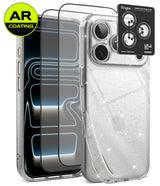 [Bundle] iPhone 18 Pro / Pro Max | Air + AR Protectors - A clear glitter phone case shown on a smartphone, alongside two AR-coated screen protectors and a Ringke camera lens protector sticker. The case is transparent with fine silver glitter, and the image is set against a clean white background with a green and yellow AR Coating badge in the top-left corner.