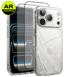 [Bundle] iPhone 18 Pro / Pro Max | Air + AR Protectors - A clear phone case with embedded glitter and a black AR-coated front glass protector overlay, shown alongside a smartphone on a white background with a green 'AR COATING' badge in the top-left corner.