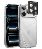 [Bundle] iPhone 18 Pro / Pro Max | Air + Protectors - A clear protective phone case shown on a smartphone, with a black Ringke camera lens protector sticker applied to the rear camera area. The Apple logo is visible through the transparent case, and the Ringke brand is visible on the black lens protector.