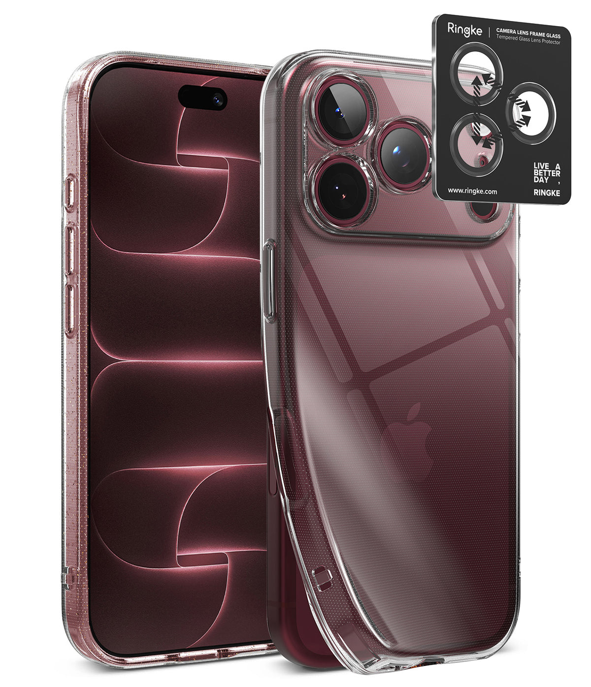 [Bundle] iPhone 18 Pro / Pro Max | Air + Privacy Protectors - A clear protective phone case shown on a smartphone, with a black Ringke camera lens protector sticker applied to the rear camera area. The Apple logo is visible through the transparent case, and the Ringke brand is visible on the black lens protector.