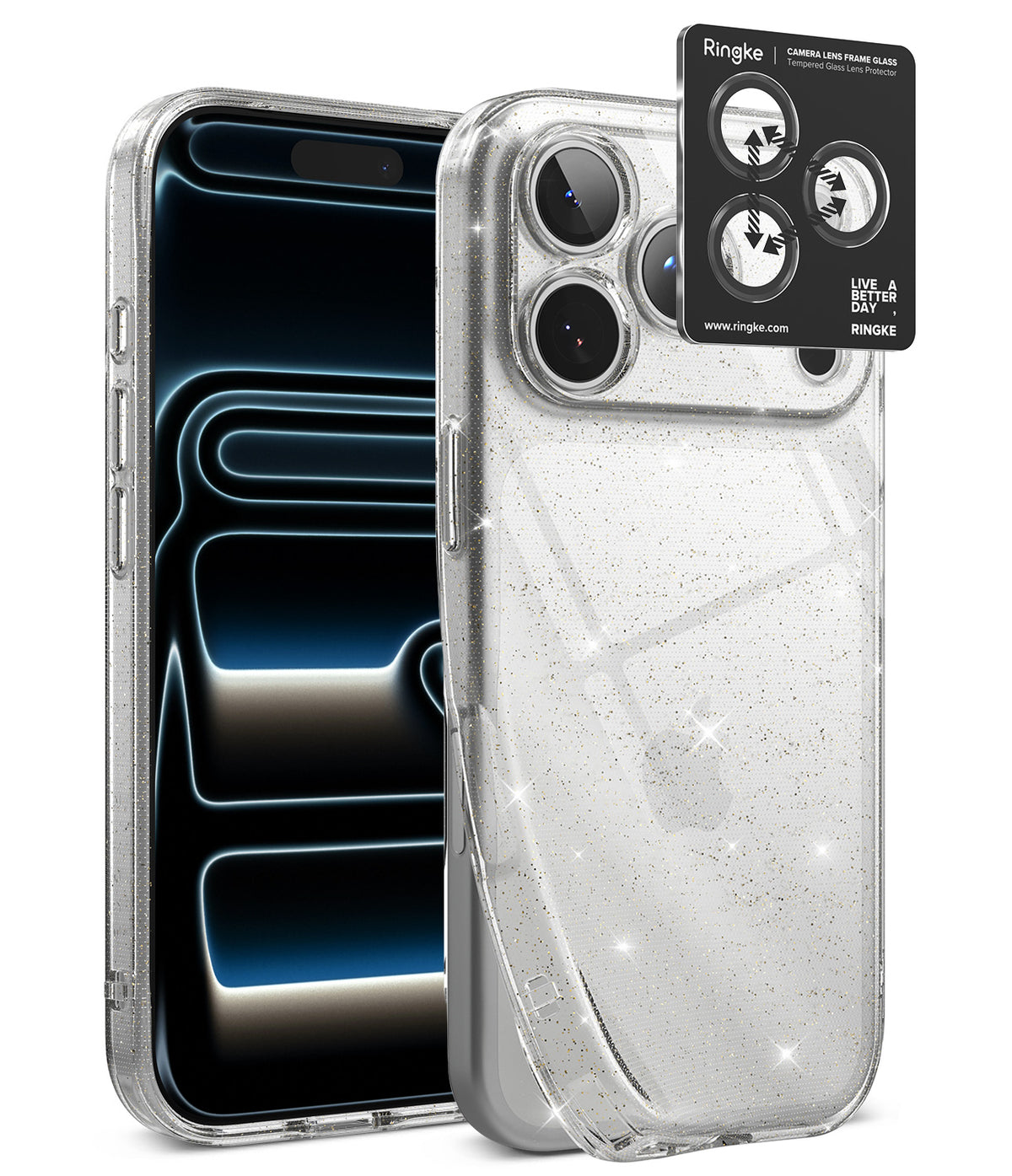[Bundle] iPhone 18 Pro / Pro Max | Air + AR Protectors - A clear, sparkly Ringke phone case shown on a smartphone, with the back view featuring glittery transparent panels and a black camera-protective ring accessory displayed above.