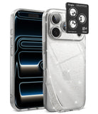 [Bundle] iPhone 18 Pro / Pro Max | Air + AR Protectors - A clear, sparkly Ringke phone case shown on a smartphone, with the back view featuring glittery transparent panels and a black camera-protective ring accessory displayed above.