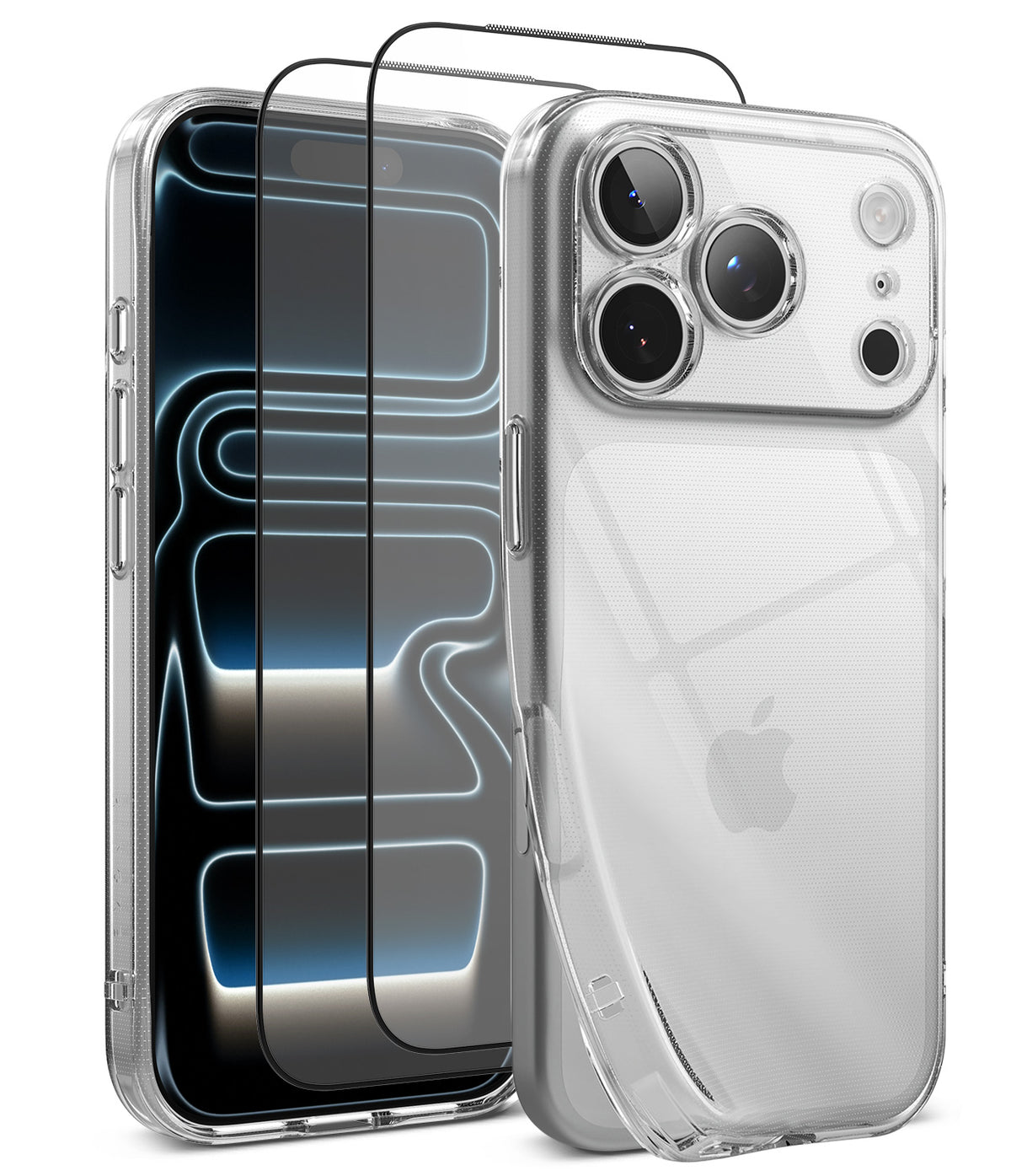 [Bundle] iPhone 18 Pro / Pro Max | Air + Protectors - A clear protective phone case shown on a smartphone, alongside two matching transparent screen protectors with black corner guards and a thin black top frame, all on a clean white background.