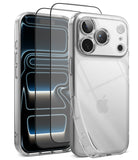 [Bundle] iPhone 18 Pro / Pro Max | Air + Protectors - A clear protective phone case shown on a smartphone, alongside two matching transparent screen protectors with black corner guards and a thin black top frame, all on a clean white background.