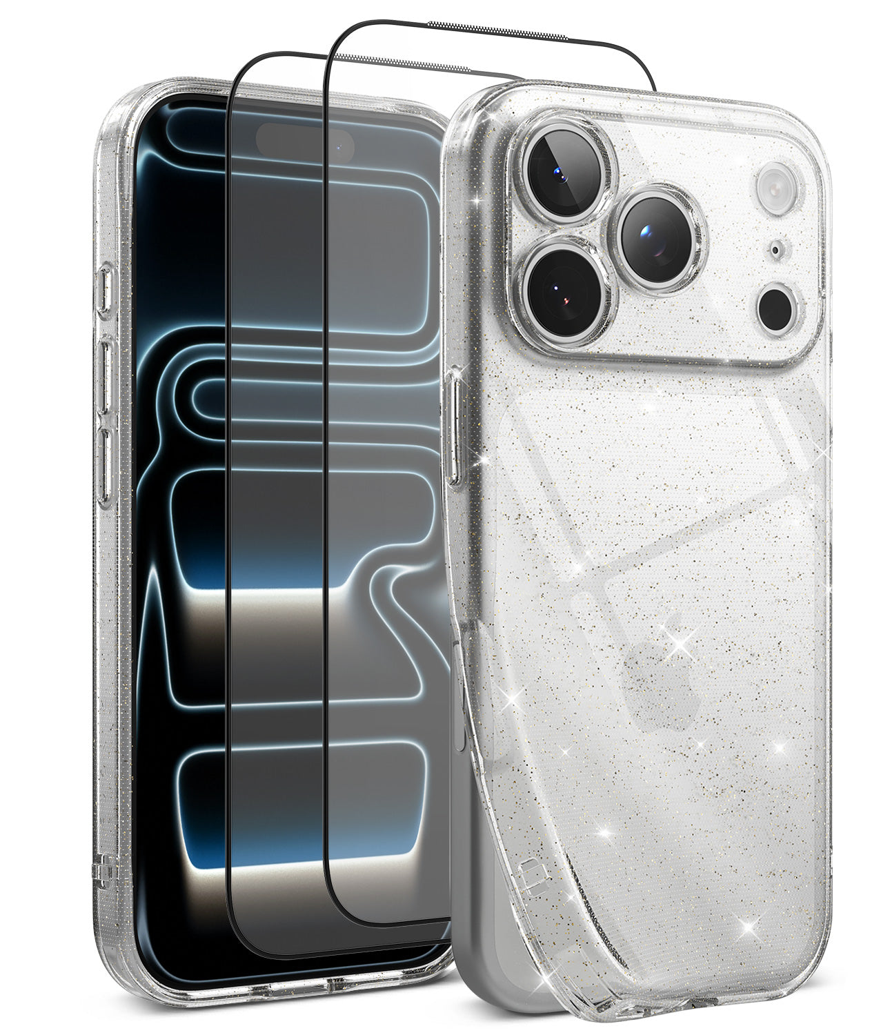 [Bundle] iPhone 18 Pro / Pro Max | Air + Protectors - A clear glitter phone case shown on a smartphone, alongside two transparent screen protectors with black borders, all isolated on a white background.
