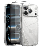 [Bundle] iPhone 18 Pro / Pro Max | Air + Protectors - A clear glitter phone case shown on a smartphone, alongside two transparent screen protectors with black borders, all isolated on a white background.