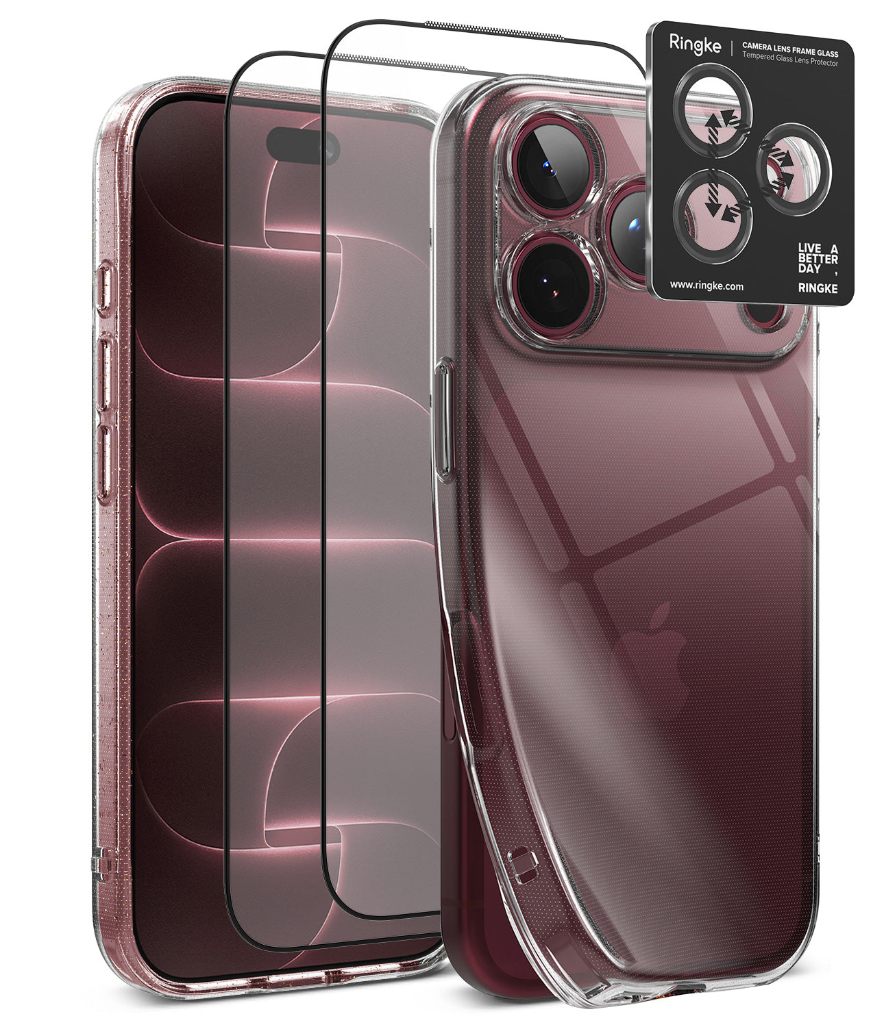 [Bundle] iPhone 18 Pro / Pro Max | Air + Protectors - Clear protective phone case with a raised camera bumper and two full-frame screen protectors shown over a smartphone, plus a black Ringke camera lens protector sticker on a white background.