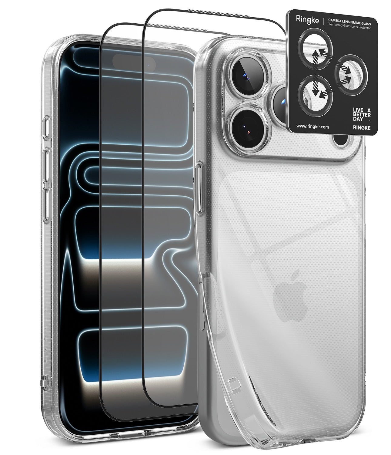 [Bundle] iPhone 18 Pro / Pro Max | Air + Protectors - Clear protective phone case with a raised camera bumper and two full-frame screen protectors shown over a smartphone, plus a black Ringke camera lens protector sticker on a white background.