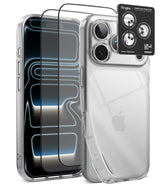 [Bundle] iPhone 18 Pro / Pro Max | Air + Protectors - Clear protective phone case with a raised camera bumper and two full-frame screen protectors shown over a smartphone, plus a black Ringke camera lens protector sticker on a white background.