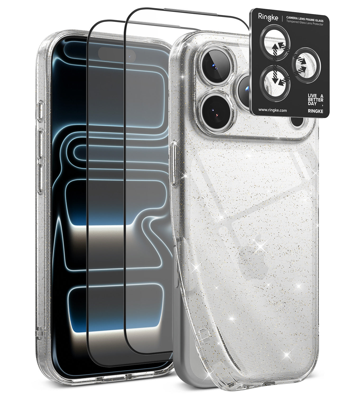 [Bundle] iPhone 18 Pro / Pro Max | Air + Protectors - A clear protective phone case with silver glitter and a matching camera lens guard, shown on a smartphone alongside two transparent screen protectors and a black Ringke brand camera lens guard insert.