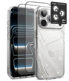 [Bundle] iPhone 18 Pro / Pro Max | Air + Protectors - A clear protective phone case with silver glitter and a matching camera lens guard, shown on a smartphone alongside two transparent screen protectors and a black Ringke brand camera lens guard insert.