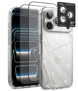 [Bundle] iPhone 18 Pro / Pro Max | Air + Protectors - A clear protective phone case with silver glitter and a matching camera lens guard, shown on a smartphone alongside two transparent screen protectors and a black Ringke brand camera lens guard insert.