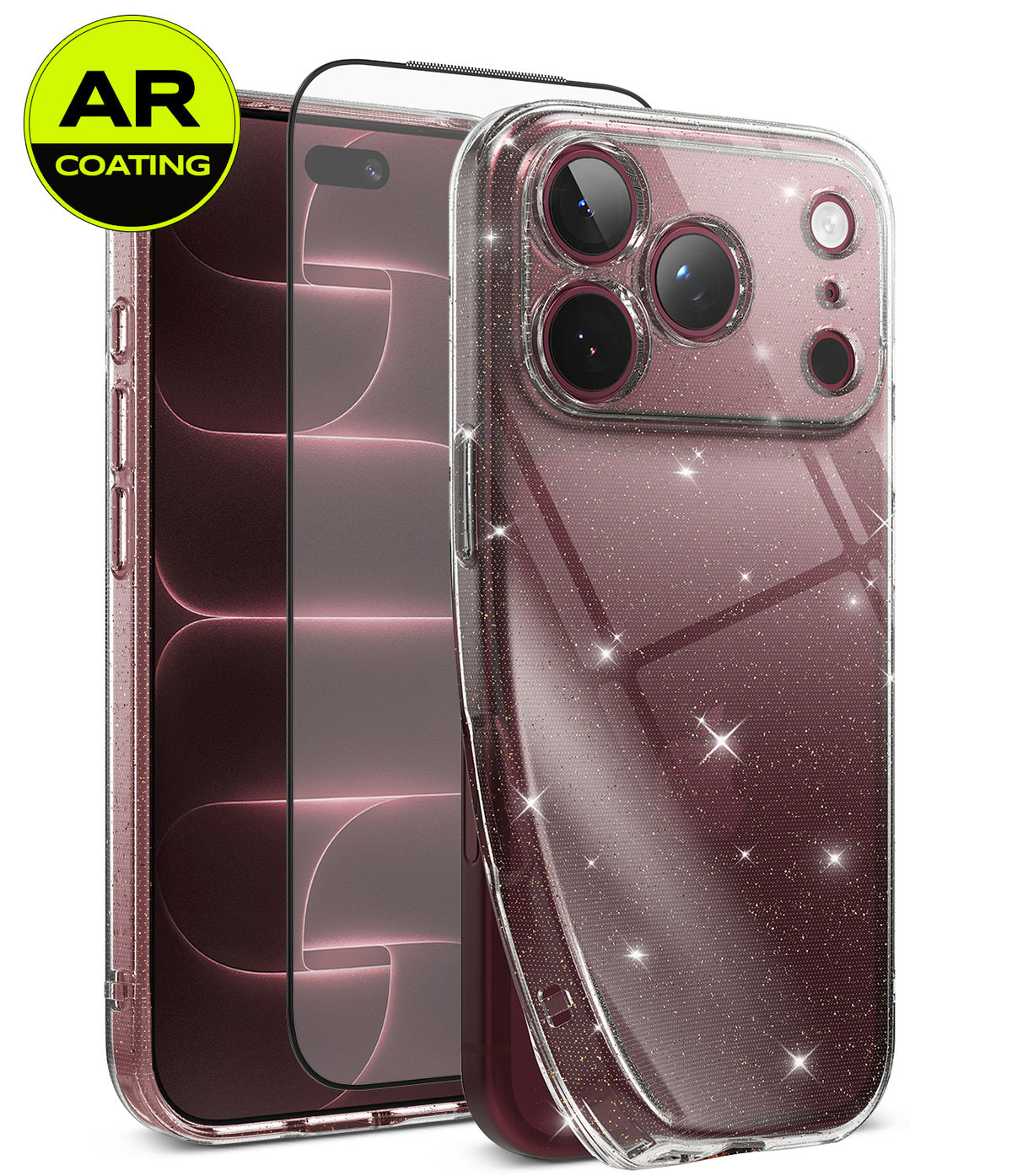 [Bundle] iPhone 18 Pro / Pro Max | Air + AR Protectors - A clear phone case with embedded glitter and a black AR-coated front glass protector overlay, shown alongside a smartphone on a white background with a green 'AR COATING' badge in the top-left corner.