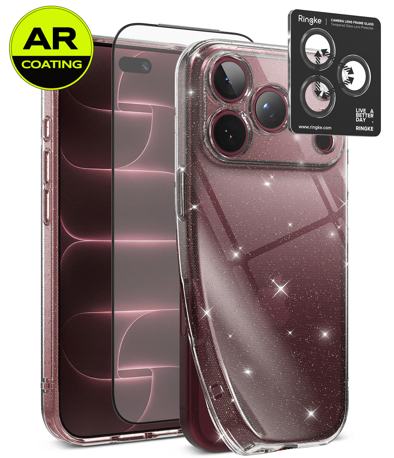 [Bundle] iPhone 18 Pro / Pro Max | Air + AR Protectors - A clear glitter phone case shown on a smartphone, alongside two AR-coated screen protectors and a Ringke camera lens protector sticker. The case is transparent with fine silver glitter, and the image is set against a clean white background with a green and yellow AR Coating badge in the top-left corner.