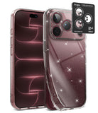 [Bundle] iPhone 18 Pro / Pro Max | Air + Protectors - A clear, sparkly Ringke phone case shown on a smartphone, with the back view featuring glittery transparent panels and a black camera-protective ring accessory displayed above.