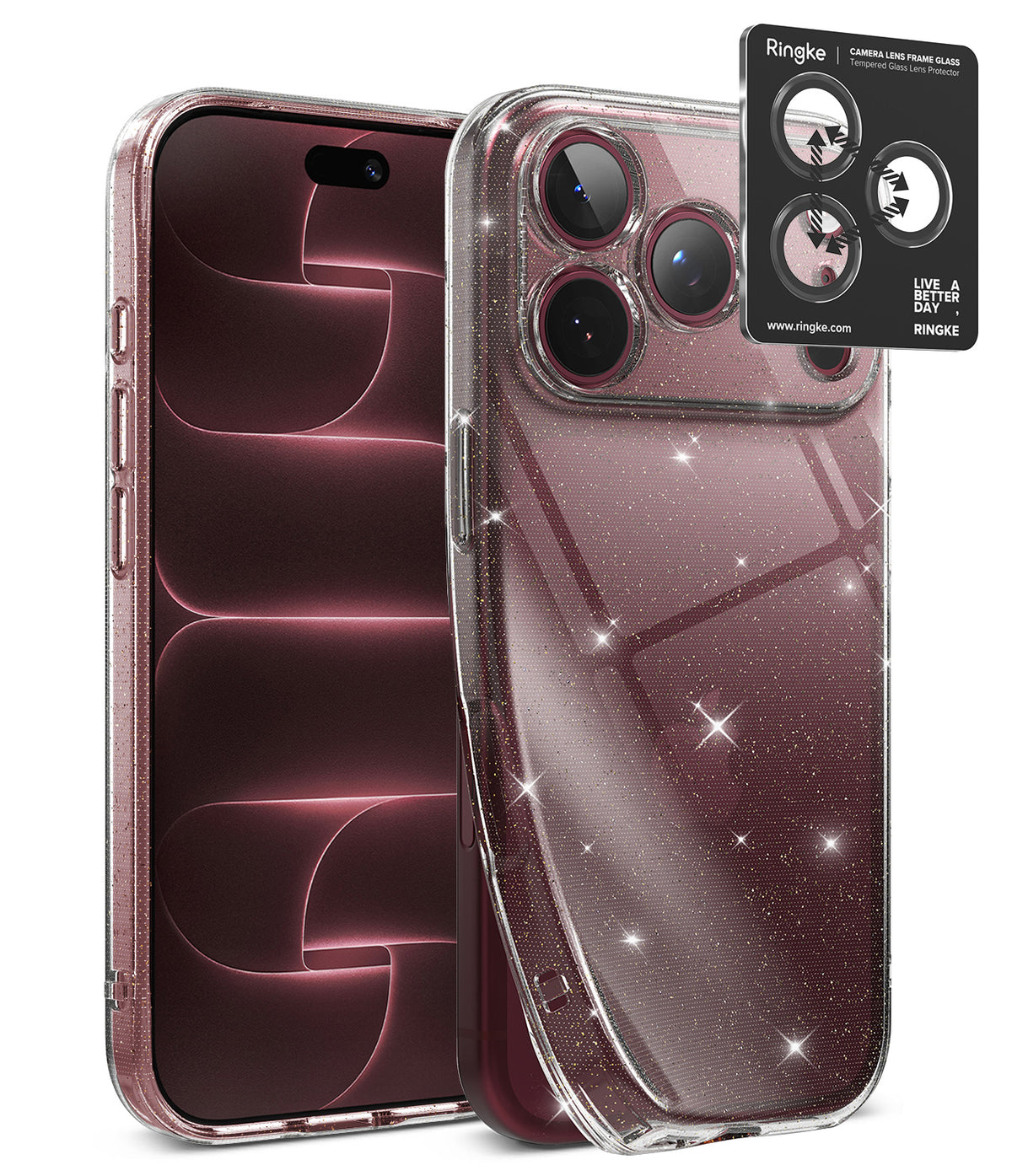 [Bundle] iPhone 18 Pro / Pro Max | Air + Privacy Protectors - A clear, sparkly Ringke phone case shown on a smartphone, with the back view featuring glittery transparent panels and a black camera-protective ring accessory displayed above.