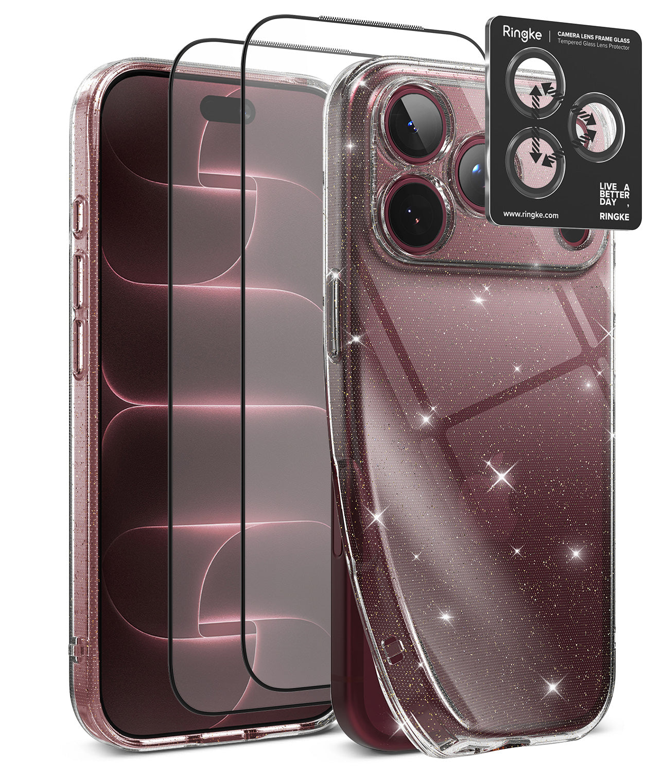 [Bundle] iPhone 18 Pro / Pro Max | Air + Protectors - A clear protective phone case with silver glitter and a matching camera lens guard, shown on a smartphone alongside two transparent screen protectors and a black Ringke brand camera lens guard insert.