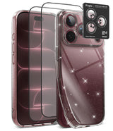 [Bundle] iPhone 18 Pro / Pro Max | Air + Protectors - A clear protective phone case with silver glitter and a matching camera lens guard, shown on a smartphone alongside two transparent screen protectors and a black Ringke brand camera lens guard insert.