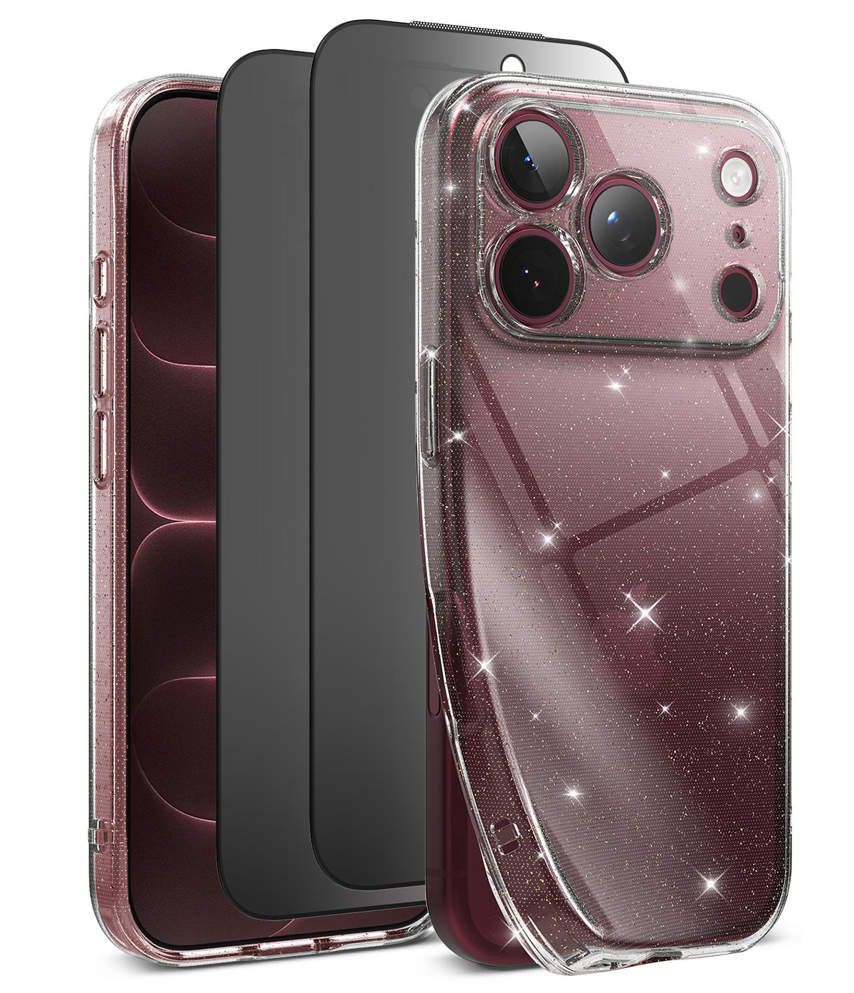 [Bundle] iPhone 18 Pro / Pro Max | Air + Privacy Protectors - Three views of a clear protective phone case with embedded silver glitter, shown on a smartphone against a white background.