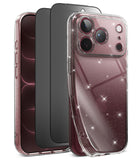 [Bundle] iPhone 18 Pro / Pro Max | Air + Privacy Protectors - Three views of a clear protective phone case with embedded silver glitter, shown on a smartphone against a white background.