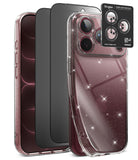 [Bundle] iPhone 18 Pro / Pro Max | Air + Privacy Protectors - Three Ringke phone cases shown on smartphones: a clear glitter case in front, a dark gray case behind it, and a black camera protector sticker on the front phone. The Ringke brand is visible on the black sticker.