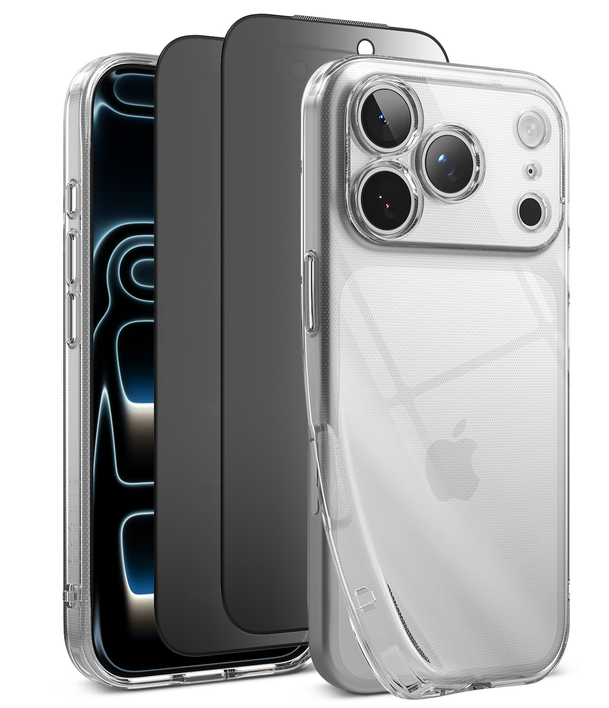 [Bundle] iPhone 18 Pro / Pro Max | Air + Privacy Protectors - Three clear phone cases shown on smartphones against a white background, with the front case most prominent and showing a transparent back with camera cutouts.