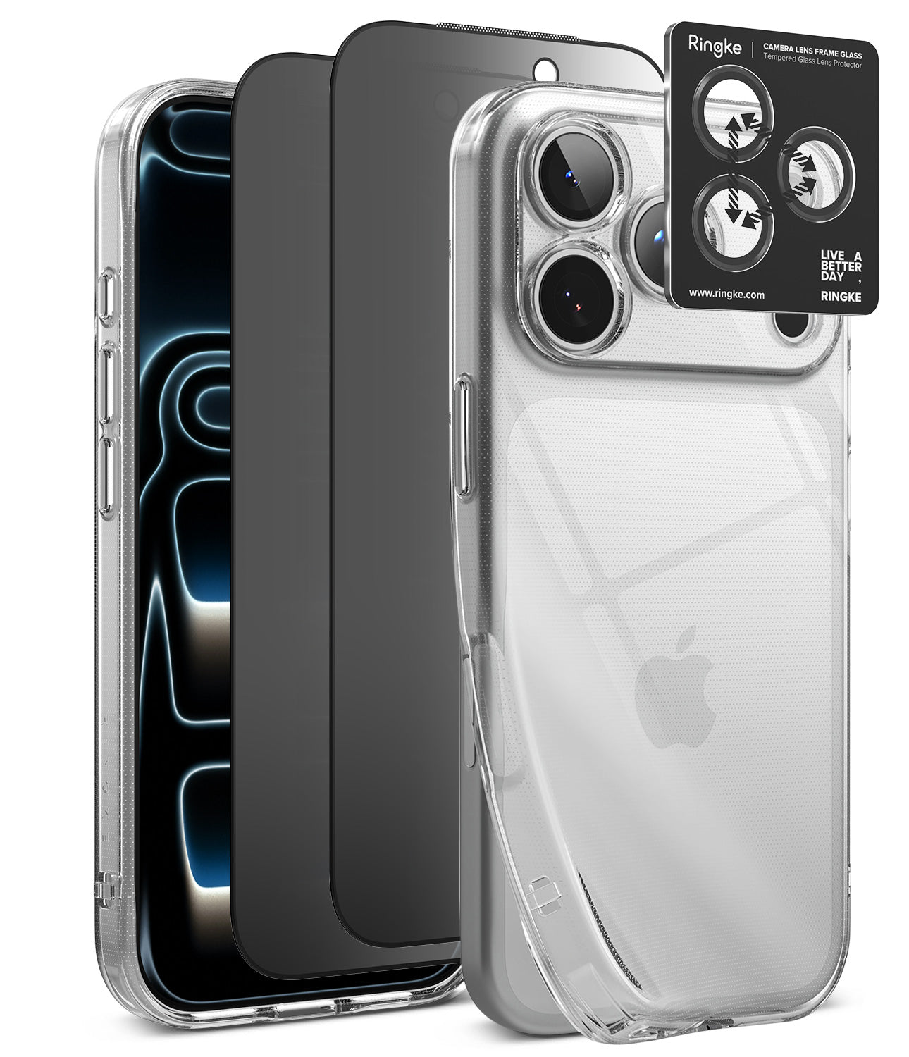 [Bundle] iPhone 18 Pro / Pro Max | Air + Privacy Protectors - Three smartphone cases shown on phones against a black background: a clear case on the right, a dark gray case in the middle, and a black case on the left. A small Ringke camera lens protector sticker is shown at the top right.