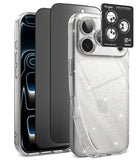 [Bundle] iPhone 18 Pro / Pro Max | Air + Privacy Protectors - Three Ringke phone cases shown on smartphones: a clear glitter case in front, a dark gray case behind it, and a black camera protector sticker on the front phone. The Ringke brand is visible on the black sticker.