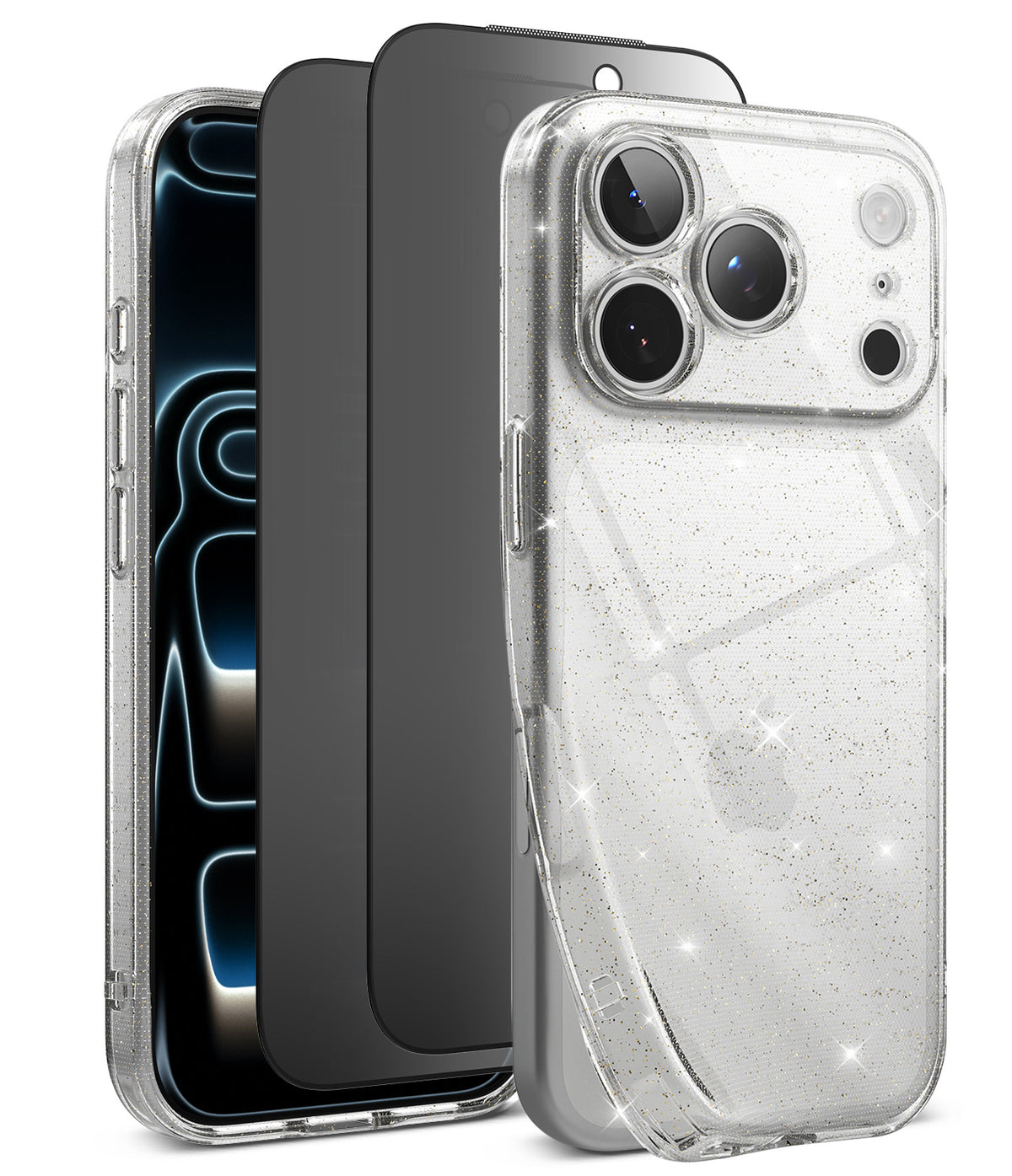 [Bundle] iPhone 18 Pro / Pro Max | Air + Privacy Protectors - Three views of a clear protective phone case with embedded silver glitter, shown on a smartphone against a white background.