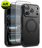 [Bundle] iPhone 18 Pro / Pro Max | Alles + AR Protectors - Black protective phone case with a built-in circular magnetic ring, shown alongside two clear tempered glass screen protectors and a yellow AR Coating badge. The brand name 'RINGKE' is subtly printed on the bottom of the case.