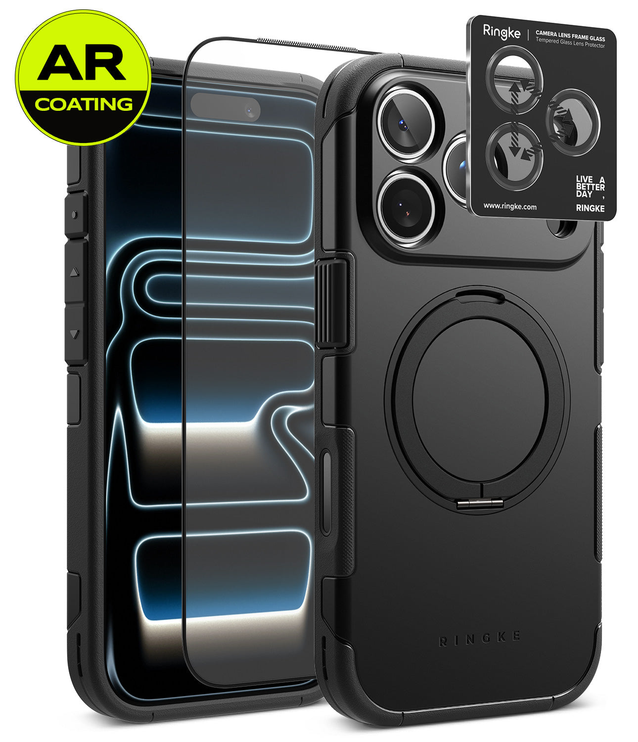 [Bundle] iPhone 18 Pro / Pro Max | Alles + AR Protectors - Black protective phone case with a built-in circular magnetic ring, shown alongside two clear tempered glass screen protectors and a yellow AR Coating badge. The brand name 'RINGKE' is subtly printed on the bottom of the case.