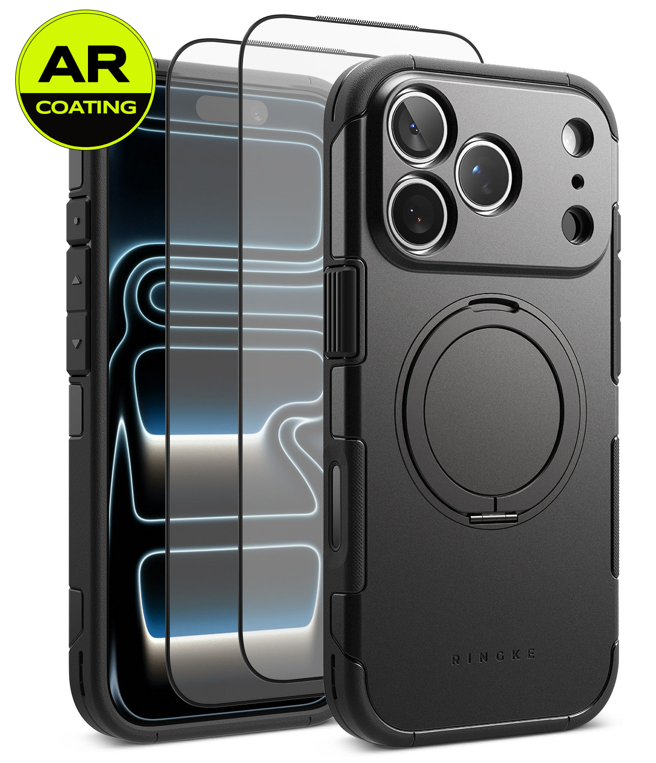[Bundle] iPhone 18 Pro / Pro Max | Alles + AR Protectors - Black protective phone case with a built-in circular magnetic ring, shown alongside two clear screen protectors with AR coating and a yellow AR Coating badge. The brand name 'SINGKE' is subtly printed near the bottom of the case.