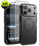 [Bundle] iPhone 18 Pro / Pro Max | Alles + AR Protectors - Black protective phone case with a built-in circular magnetic ring, shown alongside two clear screen protectors with AR coating and a yellow AR Coating badge. The brand name 'SINGKE' is subtly printed near the bottom of the case.