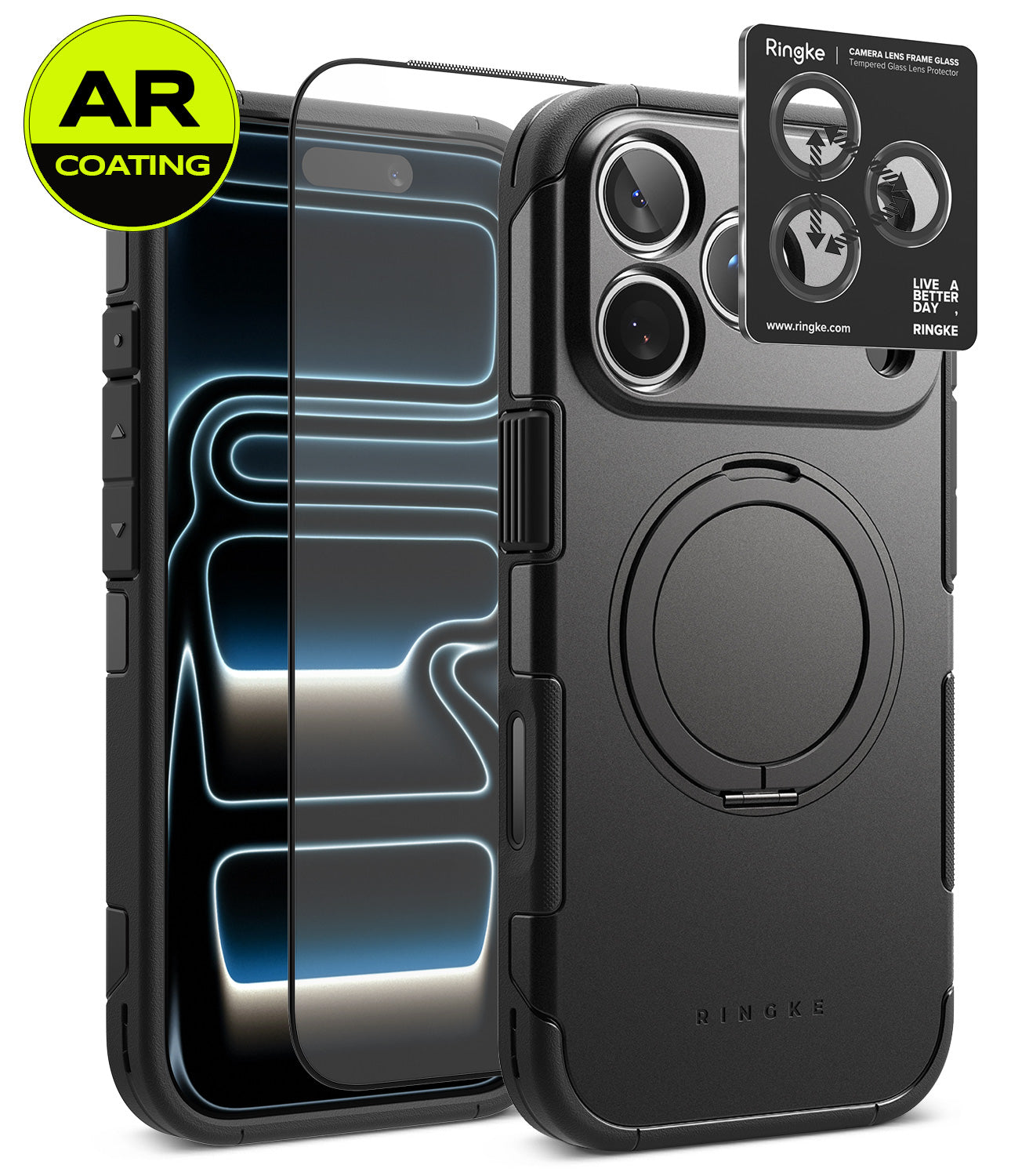 [Bundle] iPhone 18 Pro / Pro Max | Alles + AR Protectors - Black Ringke phone case with a built-in circular magnetic ring, shown alongside two clear AR-coated screen protectors and a Ringke camera lens protector sticker on a white background.