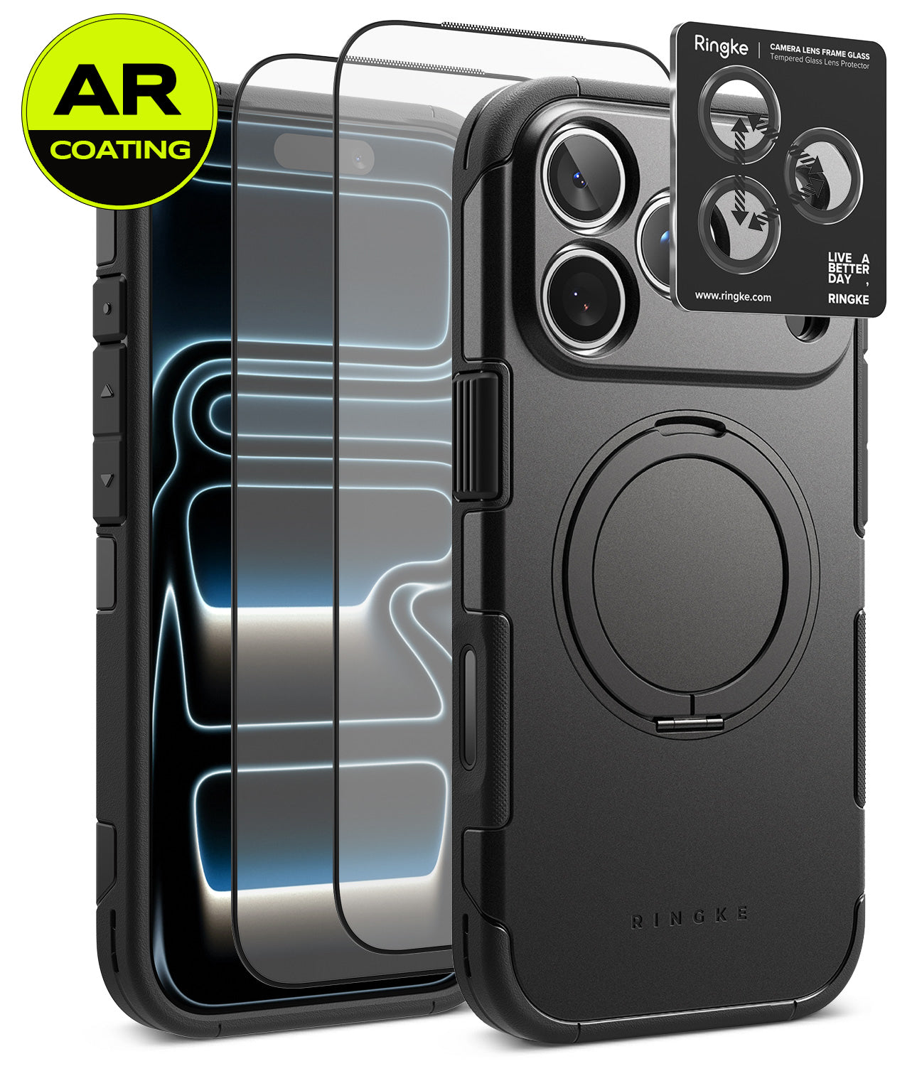 [Bundle] iPhone 18 Pro / Pro Max | Alles + AR Protectors - Black Ringke phone case with a built-in circular magnetic ring, shown alongside two clear AR-coated screen protectors and a Ringke camera lens protector sticker on a white background.