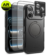[Bundle] iPhone 18 Pro / Pro Max | Alles + AR Protectors - Black Ringke phone case with a built-in circular magnetic ring, shown alongside two clear AR-coated screen protectors and a Ringke camera lens protector sticker on a white background.