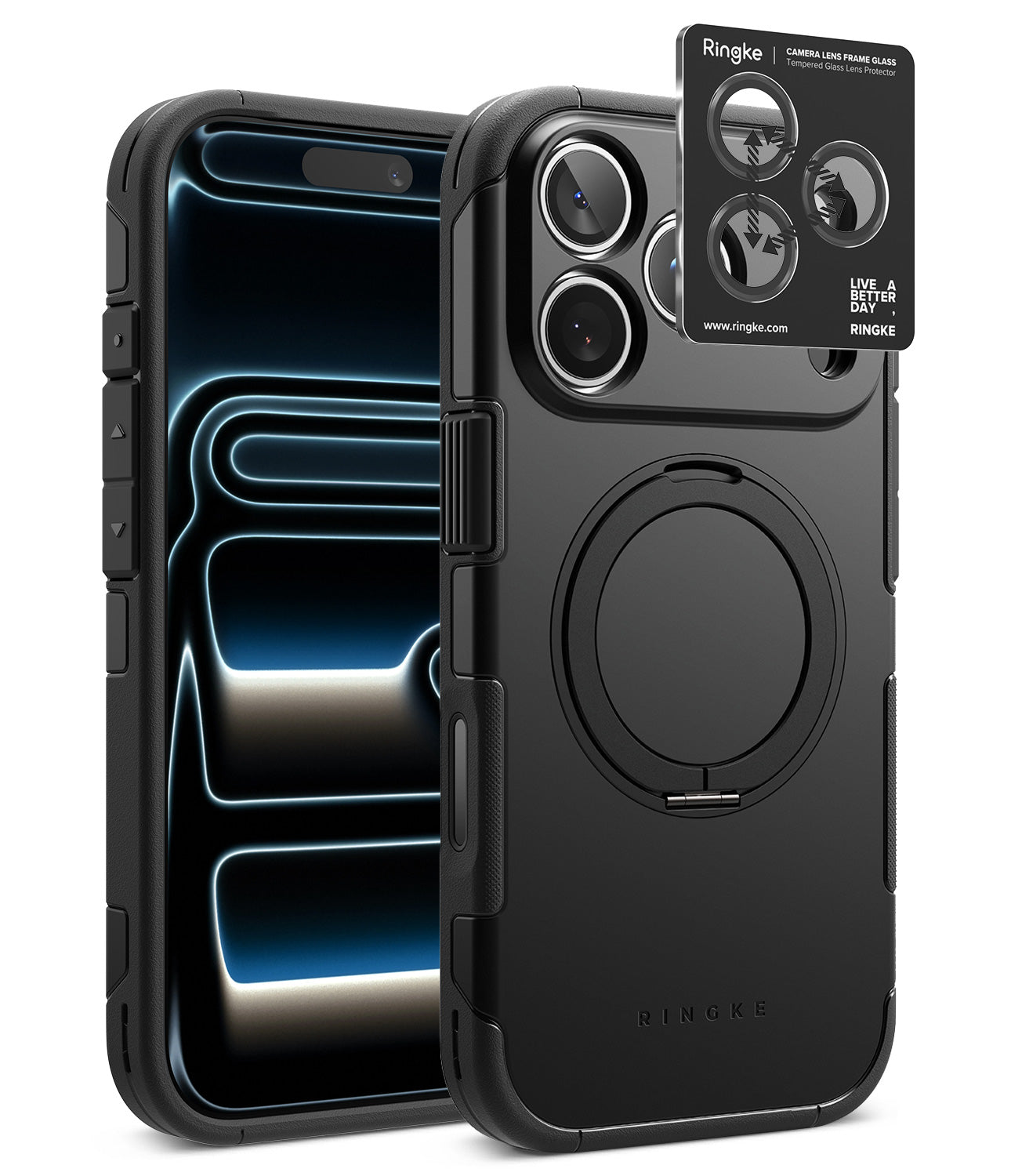 [Bundle] iPhone 18 Pro / Pro Max | Alles + Protectors - Black Ringke protective phone case shown from the back on a white background, with a phone inserted and a small accessory card visible near the camera cutout.