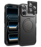 [Bundle] iPhone 18 Pro / Pro Max | Alles + Privacy Protectors - A black protective phone case shown from the back, with a smartphone inserted. The case has a circular ring holder on the back, a raised camera cutout area, and a small Ringke camera lens protector sticker applied near the top right.