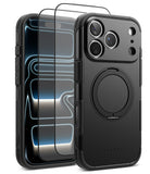 [Bundle] iPhone 18 Pro / Pro Max | Alles + Protectors - Black protective phone case with a built-in circular magnetic ring and a transparent screen protector shown in front of a smartphone, on a clean white background.