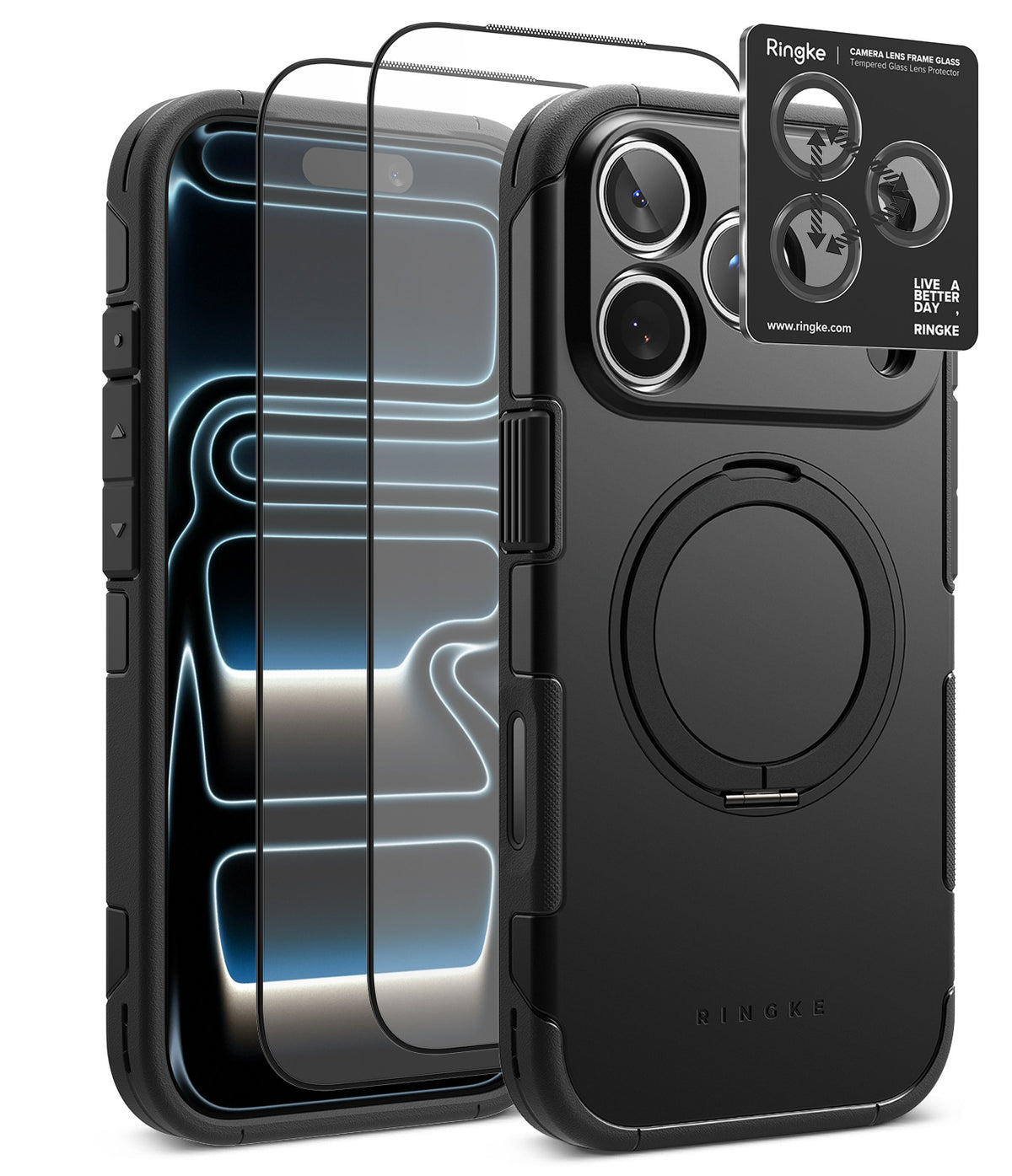 [Bundle] iPhone 18 Pro / Pro Max | Alles + Protectors - Black Ringke phone case with a built-in circular magnetic ring, shown alongside two transparent screen protectors and a small Ringke camera lens protector card on a white background.