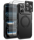 [Bundle] iPhone 18 Pro / Pro Max | Alles + Protectors - Black Ringke phone case with a built-in circular magnetic ring, shown alongside two transparent screen protectors and a small Ringke camera lens protector card on a white background.