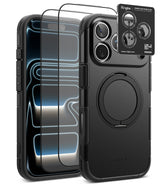 [Bundle] iPhone 18 Pro / Pro Max | Alles + Protectors - Black Ringke phone case with a built-in circular magnetic ring, shown alongside two transparent screen protectors and a small Ringke camera lens protector card on a white background.