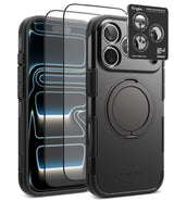 [Bundle] iPhone 18 Pro / Pro Max | Alles + Protectors - Black Ringke phone case with a built-in circular magnetic ring, shown alongside two clear tempered glass screen protectors and a small Ringke camera lens protector card on a white background.
