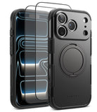 [Bundle] iPhone 18 Pro / Pro Max | Alles + Protectors - Black protective phone case with a built-in circular magnetic ring on the back, shown alongside a phone displaying a blue abstract wallpaper and two screen protectors, on a white background.