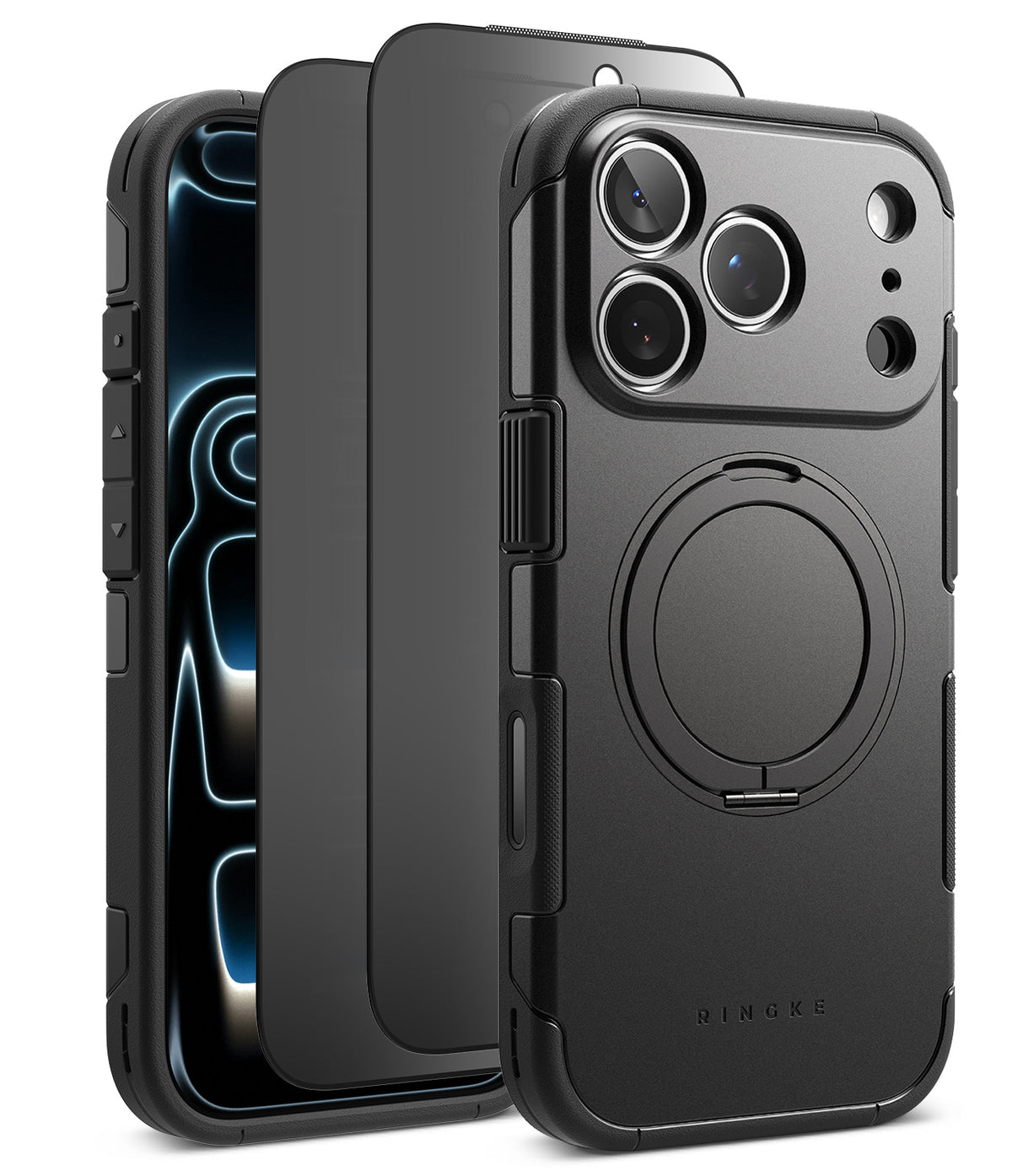 [Bundle] iPhone 18 Pro / Pro Max | Alles + Privacy Protectors - A black protective phone case with a built-in circular magnetic ring, shown from multiple angles on a clean white background. The brand name 'SINGKE' is subtly printed near the bottom of the case.