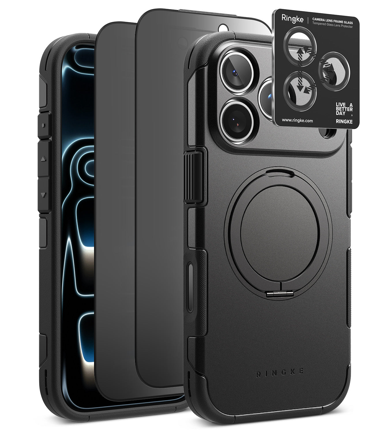 [Bundle] iPhone 18 Pro / Pro Max | Alles + Privacy Protectors - Three views of a black Ringke protective phone case with a built-in circular magnetic ring on the back, shown alongside a black camera lens protector and a smartphone with a blue patterned screen.